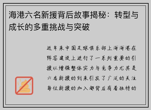 海港六名新援背后故事揭秘：转型与成长的多重挑战与突破